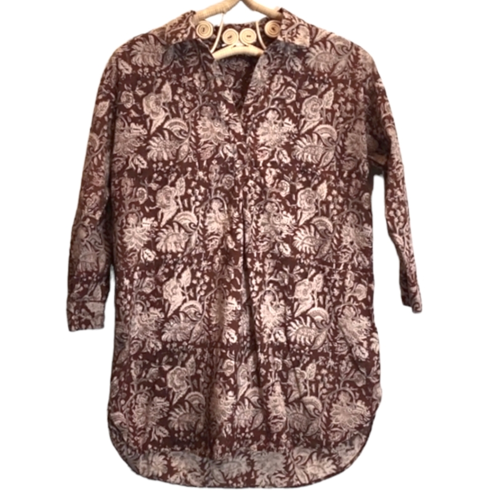 J jill pure jill red/brown top w/cream floral print 100% organic cotton size xs